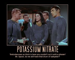 Potassium Nitrate --- Testosterones so thick in here you couldn't cut it with a phaser! Mr. Spock, do we still have that drum of saltpeter?