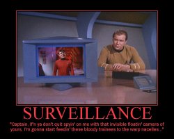 Surveillance --- Captain, if'n ya don't quit spyin' on me with that invisible floatin' camera of yours, I'm gonna start feedin' these bloody trainees to the warp nacelles...