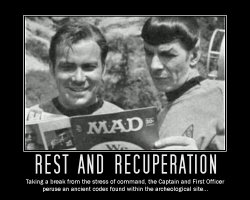 Rest and Recuperation --- Taking a break from the stress of command, the Captain and First Officer peruse an ancient codex found within the archeological site...