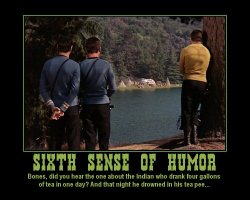 Sixth Sense of Humor --- Bones, did you hear the one about the Indian who drank four gallons of tea in one day? And that night he drowned in his tea pee...