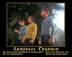Arboreal Crewman --- Jim: That's ensign Jinn! What's he doing up there?  McCoy: He's from Soror, Jim...  Jim: The monkey planet?  McCoy: The monkey planet.