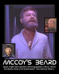 McCoy's Beard --- Spock might have sported a thinning goatee in Mirror, Mirror, but Bones chose a full boxed beard - like Admiral Riker's...