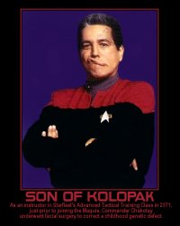Son of Kolopak --- As an instructor in Starfleet's Advanced Tactical Training Class in 2371, just prior to joining the Maquis, Commander Chakotay underwent facial surgery to correct a childhood genetic defect.